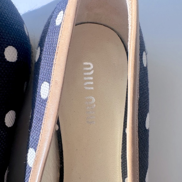 Miu Miu Navy Blue / Cream  Canvas Polka Dot Espadrille Bow Flats Size 37 - Picture 7 of 8